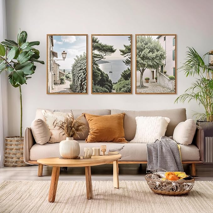Aurlan Neutral Italy Cityscape Gallery Framed Wall Art(16"x24"), 3PCS Vintage Mediterranean Countryside Landscape Canvas Artwork, Large Town Coast Streets Travel Decor Prints for Office Home-Ruum Studio Home