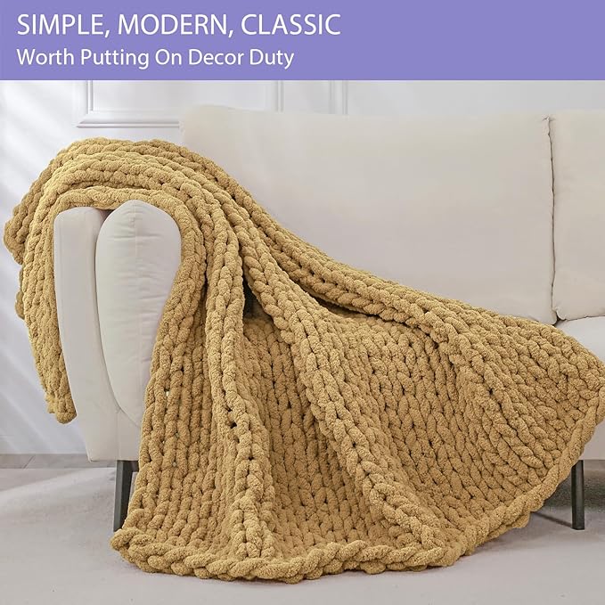 Bigacogo Chunky Knit Throw Blanket for Couch, 51x63 inches, 100% Hand Knitted with Thick Jumbo Chenille Yarn, Cozy Soft Large Rope Knot Cable Crochet Blankets for Sofa Bed Living Room, Goldenrod-Ruum Studio Home