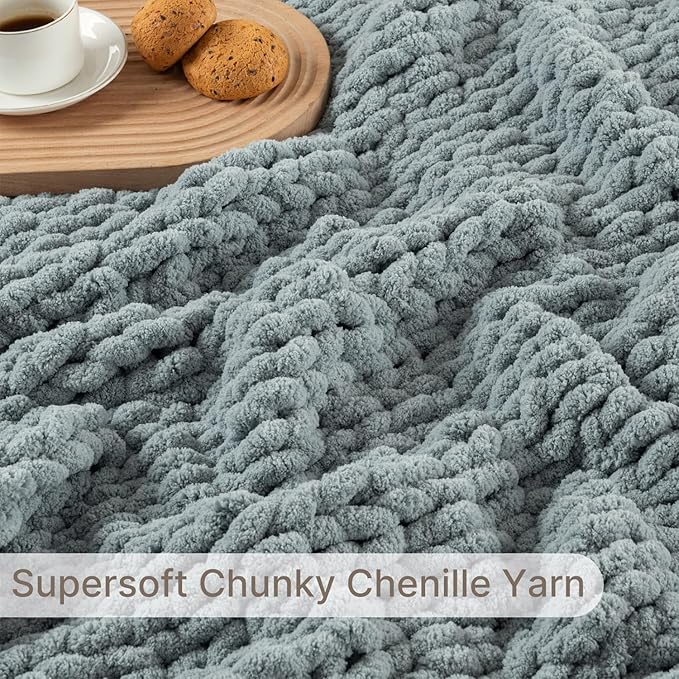 Chunky Knit Blanket Throw, 100% Hand Knit Throw Blanket Handmade Chenille Cable Knit Throw for Couch, Stylish Cozy Soft Rope Knot Crochet Blanket for Home Decor, Chambray Blue, 50x60 Inches-Ruum Studio Home