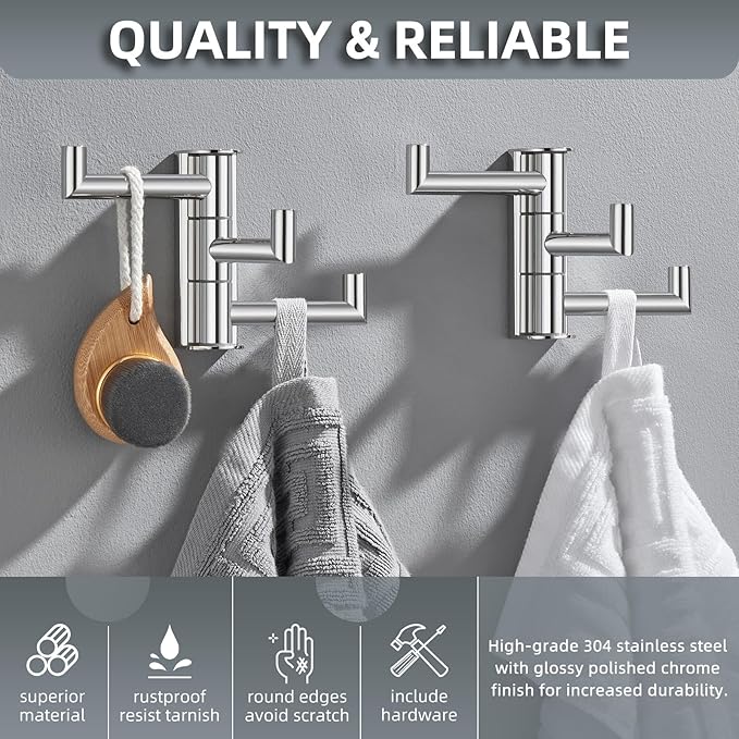 Angle Simple Swivel Towel Hooks for Bathroom, SUS 304 Stainless Steel Foldable 3 Arms Hand Towel Holder, Coat Wall Hooks, Polished Chrome, 2 Pack-Ruum Studio Home