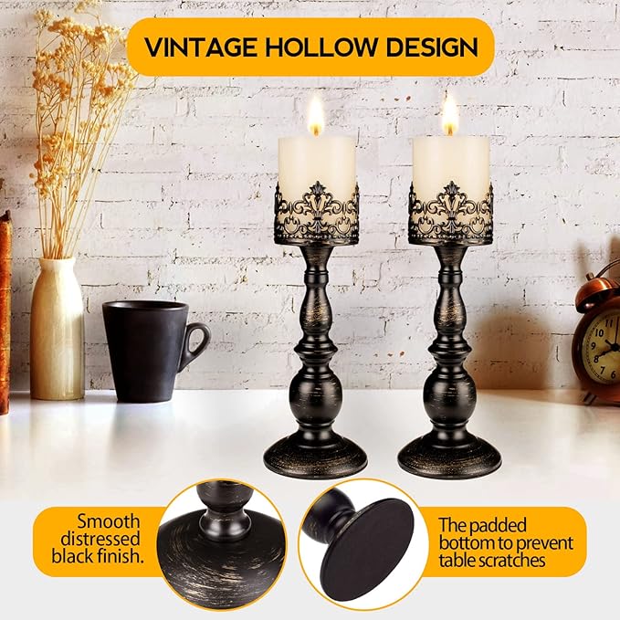 Candle Holders for Pillar Candles Gothic Matte Black Vintage Tall Candle Holders Set of 2 Decorative Large Table Centerpieces Candle Stand Decor (Distressed Black 2PCS A)-Ruum Studio Home