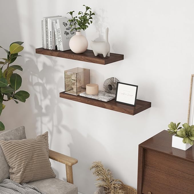 Rustic Wood Floating Shelves 32 Inch Long, 9 Inch Deep Wall Shelves for Home Decor, 32 x 9 Floating Shelf Wall Mounted Set of 2, Deep Floating Shelves for Kitchen, Bedroom, Living Room, Walnut Color-Ruum Studio Home