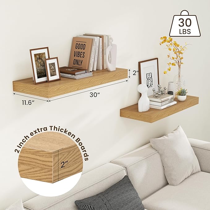 12 Inch Deep Floating Shelves | 30W x 12D Rustic Floating Shelves for Wall Set of 2 | Oak Shelves for Living Room Bathroom Laundry Room Bedroom Kitchen Home Office - Oak-Ruum Studio Home