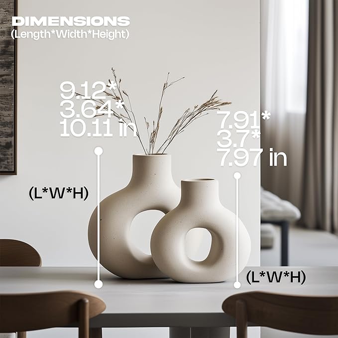 NOBULA White Ceramic Donut Vases – Modern Home Decor for Living Room, Bedroom & Table Centerpiece - Minimalist Nordic – Unique Vases for Olive Plant & Flowers – Decorative Coffee Table Vase Set of 2-Ruum Studio Home