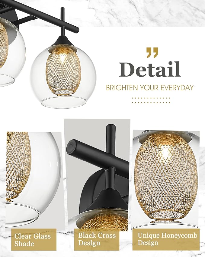 Black and Gold Bathroom Light Fixture, Farmhouse Wall Sconce Lighting with Clear Glass and Honeycomb Metal Shade, 2-Light Black Brass Vanity Light Over Mirror, AD-22001-2W-BK-Ruum Studio Home