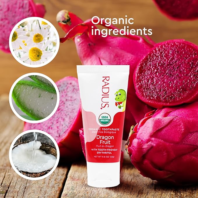 RADIUS USDA Organic Kids Toothpaste 3oz Non Toxic Chemical-Free Gluten-Free Designed to Improve Gum Health for Children's 6 Months and Up - Dragon Fruit - Pack of 6-Ruum Studio Home