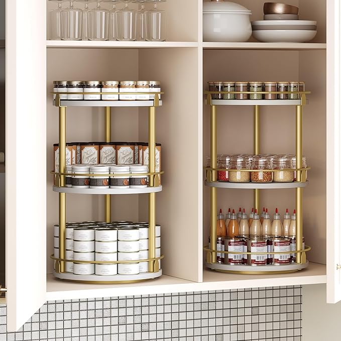 3-Tier Lazy Susan, Rotating Spice Rack, Spinning Organizer, Industrial Turntable Spice Rack for Cabinet, Kitchen Countertop, Pantry, White and Gold SR23DW-Ruum Studio Home