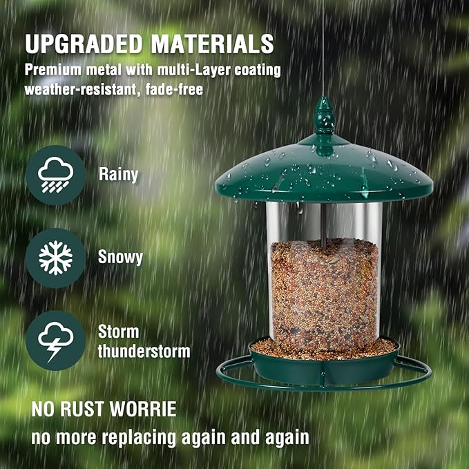 Metal Bird Feeder for Outdoors Hanging,3.0LB Seed Feeder,Easy to Fill & Clean,360° Feeding,Chew Proof Weatherproof Roof for Gardens and Wild Birds,Green-Ruum Studio Home