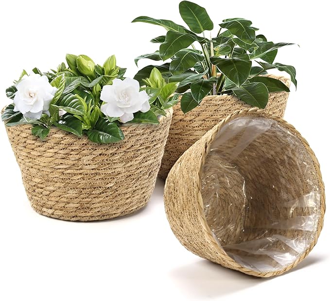 Athaliah Plant Basket Set of 3, Indoor Woven Planter Baskets with Plastic Liner, Water Hyacinth and Corn Husk Decorative Pots for Rustic Home & Floor Plant Decor (Natural Color-3)-Ruum Studio Home