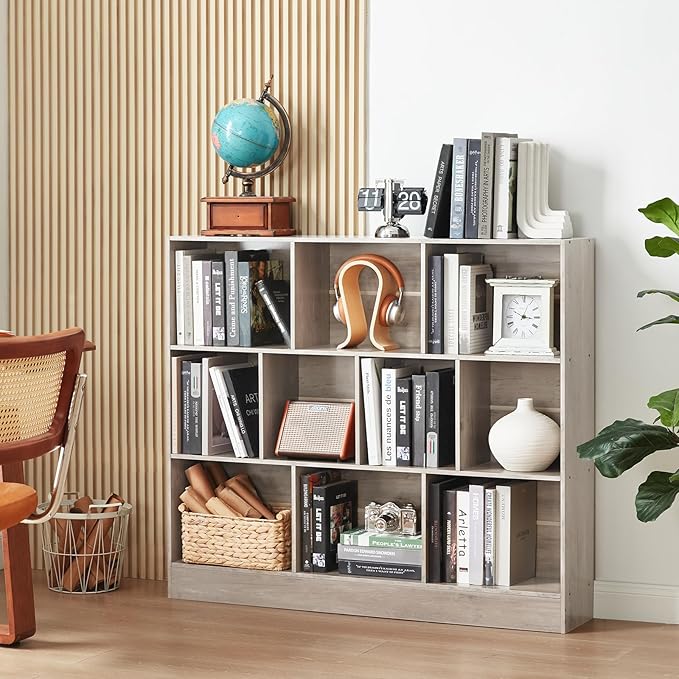 LEYAOYAO 10 Cube Bookshelf with Base,3 Tier Mid-Century Modern Grey Bookcase,Standing Wide Bookshelves Storage Organizer Shelf,Rustic Wood Display Cabinet Book Shelves for Bedroom,Living Room,Office-Ruum Studio Home