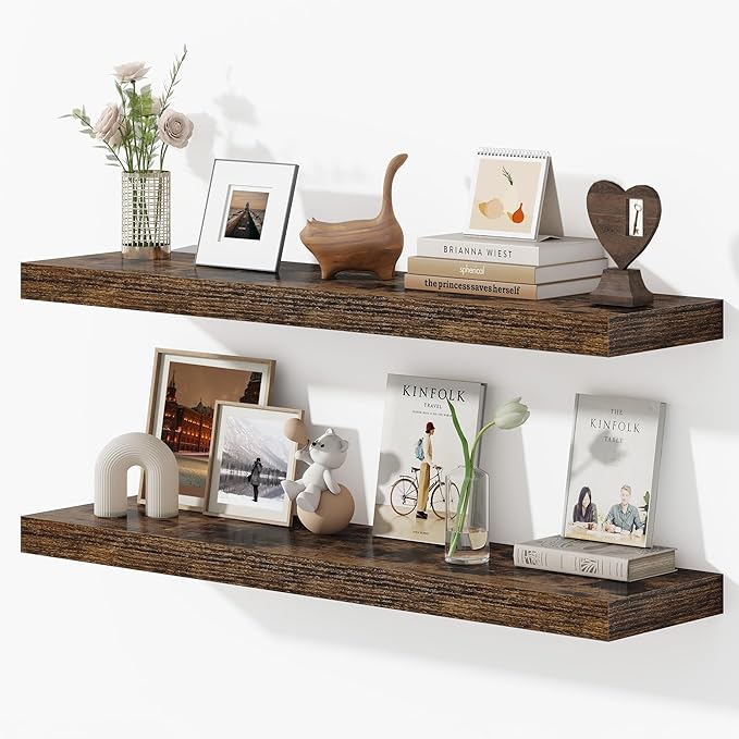 Dreamland 40 Inches Floating Shelves for Wall, 9.3" Deep Long Floating Shelves Set of 2, Large Display & Storage Shelf, Wall Shelf for Bathroom Bedroom Living Room Kitchen Office, Rustic Brown-Ruum Studio Home