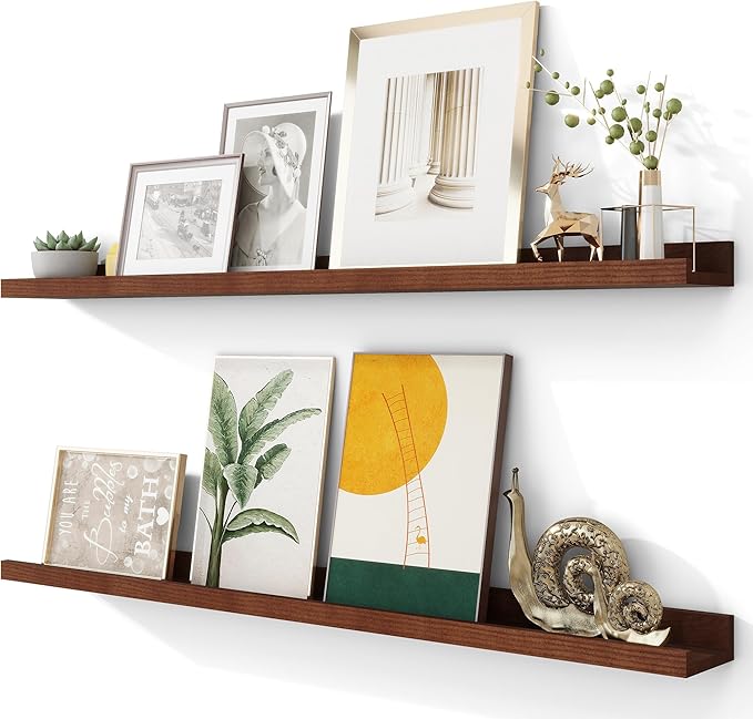 Solid Ash Wood Floating Shelves, Wood Picture Ledge Shelf Set of 2, 48 Inch Long Large Photo Ledge Shelves, Nursery Book Shelves Wall Mounted for Living Room Kids' Bedroom Decor, Color Walnut-Ruum Studio Home