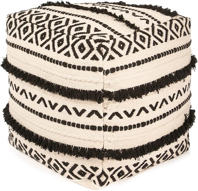 REDEARTH · Tufted Pouf Ottoman with Filler Textured Storage Cube Bean Bag Pouffe Footrest for Living Room, Bedroom, Nursery, Kidsroom; 100% Cotton (17.5"X17.5"X17.5", Geometric Craft Black)-Ruum Studio Home