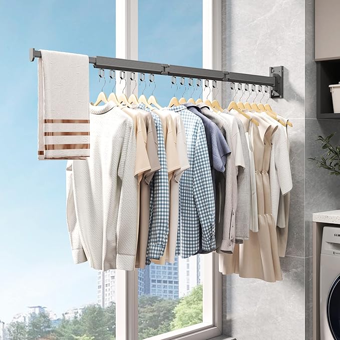 Wall Mounted Clothes Drying Rack - Foldable, Retractable Laundry Hanger with Grey-Rings-Ruum Studio Home