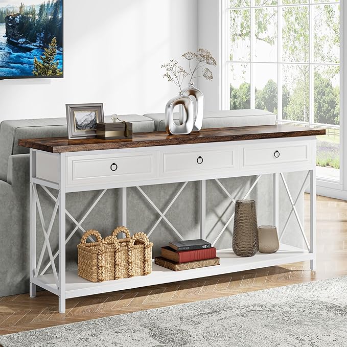Tribesigns 70.8" Console Table with 3 Drawers, Farmhouse Entryway Table with Storage Shelf, Narrow Long Sofa Foyer Table for Entryway, Hallway (White/Brown)-Ruum Studio Home