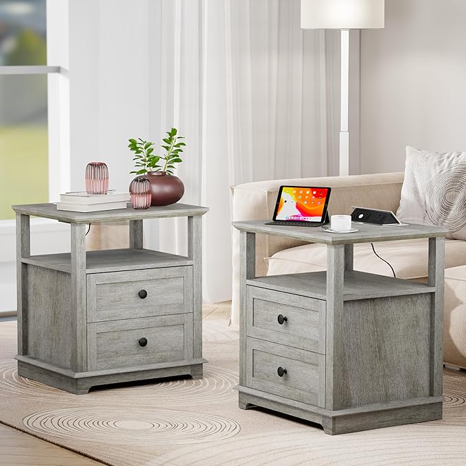 HIFYOBRO Large End Table Set of 2, 2 Drawers and Hidden Charging Station, Type-C & USB Port & Power outlets, Wooden End Table, Side Table with Storage for Living Room and Bedroom-Ruum Studio Home