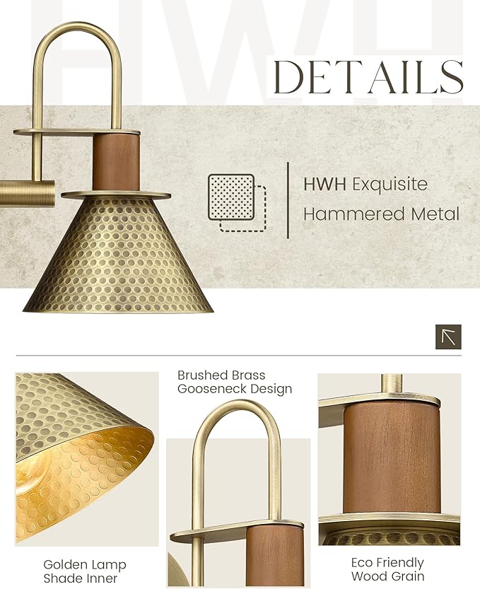 Antique Brass Wall Sconce, HWH Gooseneck Barn Wall Light Fixtures, 1-Light Single Wall Vanity Light, Farmhouse Wall Lamp for Bedroom Bedside Kitchen Hallway, Hammered Metal Shade, 5HZG74B-L BG-Ruum Studio Home