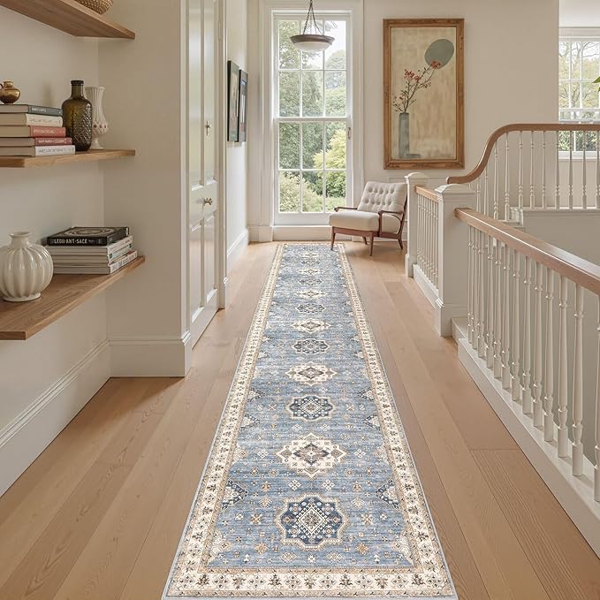 Washable 2.6x14 Runner Rug - Area Rugs Neutral Vintage Distressed Floral Farmhouse Boho Large Soft Floor Rug Indoor Carpet for Hallway Entryway Home - Blue-Ruum Studio Home