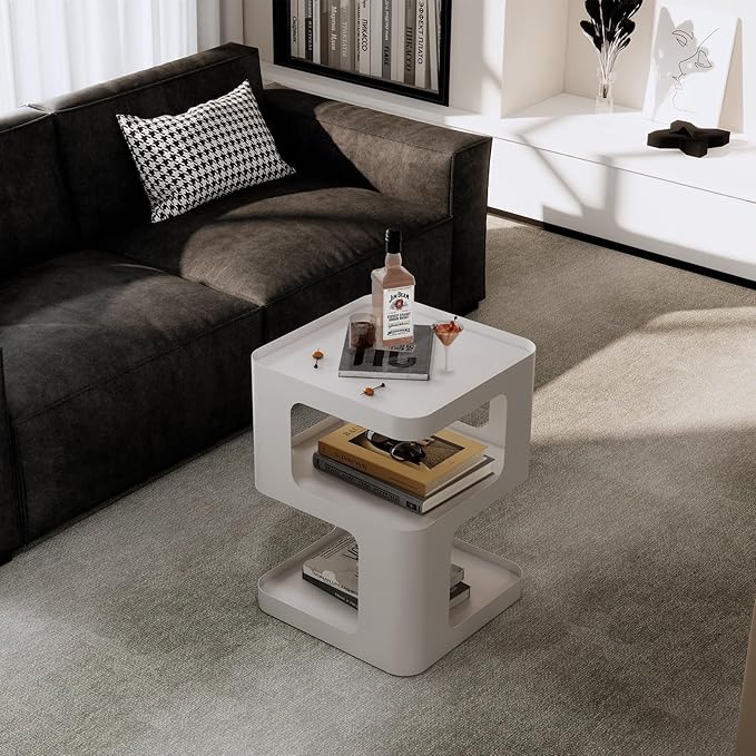 Modern Side Table,White end Table,Unique nightstand,Bedside Table,Metal 3-Tier Night Stand with Storage,Accent Side Table for Couch,Bedroom,Living Room.No Assembly Required.-Ruum Studio Home