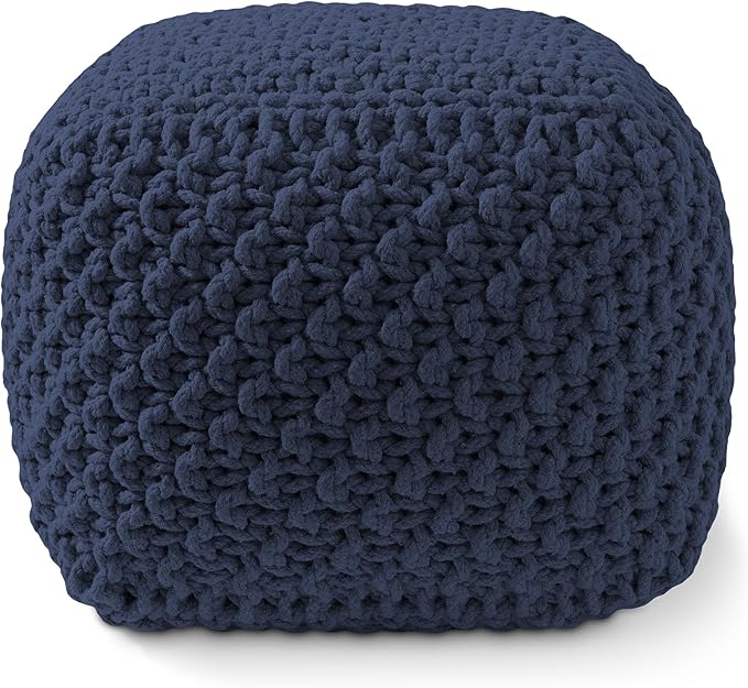 Casafield Square Pouf Ottoman, Navy Blue 18.5" W x 18.5" D x 14.5" H Cotton Knit Foot Stool - Boho Floor Pouffe for Living Room, Bedroom, Home Office-Ruum Studio Home