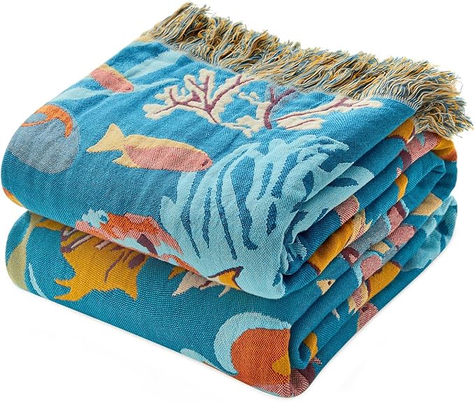 MSGKV Throw Blanket for Couch Bed Cotton Muslin Breathable Cute Ocean Animals Twin Size Blanket 60"x80" for All Seasons Lightweight Farmhouse Blankets-Ruum Studio Home