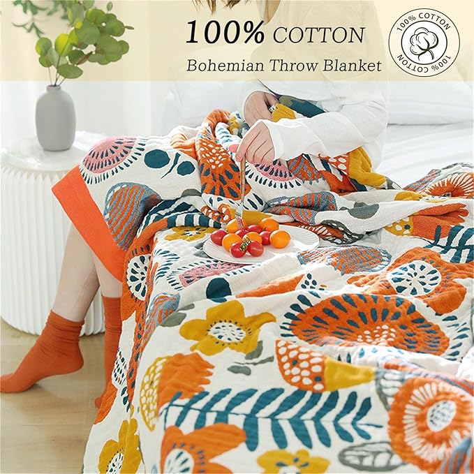 Boho Throw Blanket 60''x80'' for Bed Couch, Floral Muslin Bed Blankets Boho Quilt Travel Mexican 100% Cotton Super Soft Summer Blanket Picnic Blankets-Ruum Studio Home