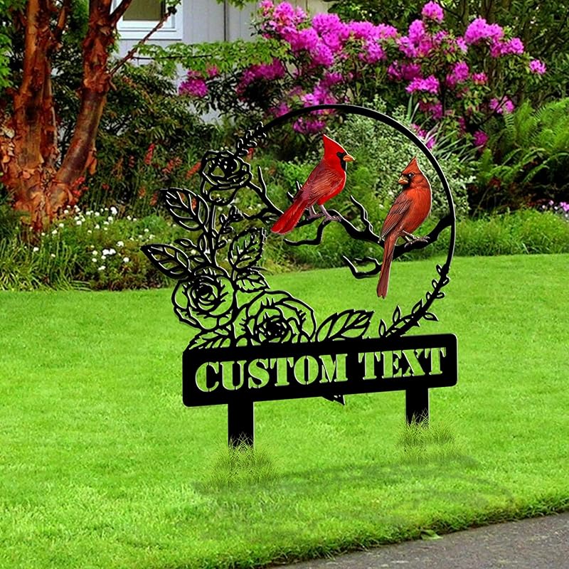 Personalized Garden Name Signs with Stake, Custom Red Bird Metal Decor Decorative Outside, Yard Outdoor Art Gift for Mom Grandmother, Patio House Warming Gifts New Home-Ruum Studio Home