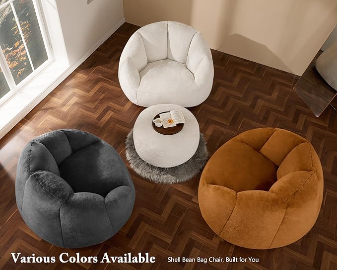Giant Bean Bag Chaise Lounge Indoor Chair for Adults - Comfy Plush Round Shell Soft Accent Chair, Oversized Cozy Floor Sofa for Living Room, Bedroom & Game Rooms, Beige-Ruum Studio Home