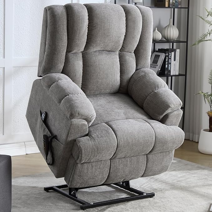 Dual Motor Power Lift Recliner Chair with Massage and Heat for Elderly People, Infinite Position, Light Grey Recliner Chair, Chenille Fabric Lift Chair-Ruum Studio Home