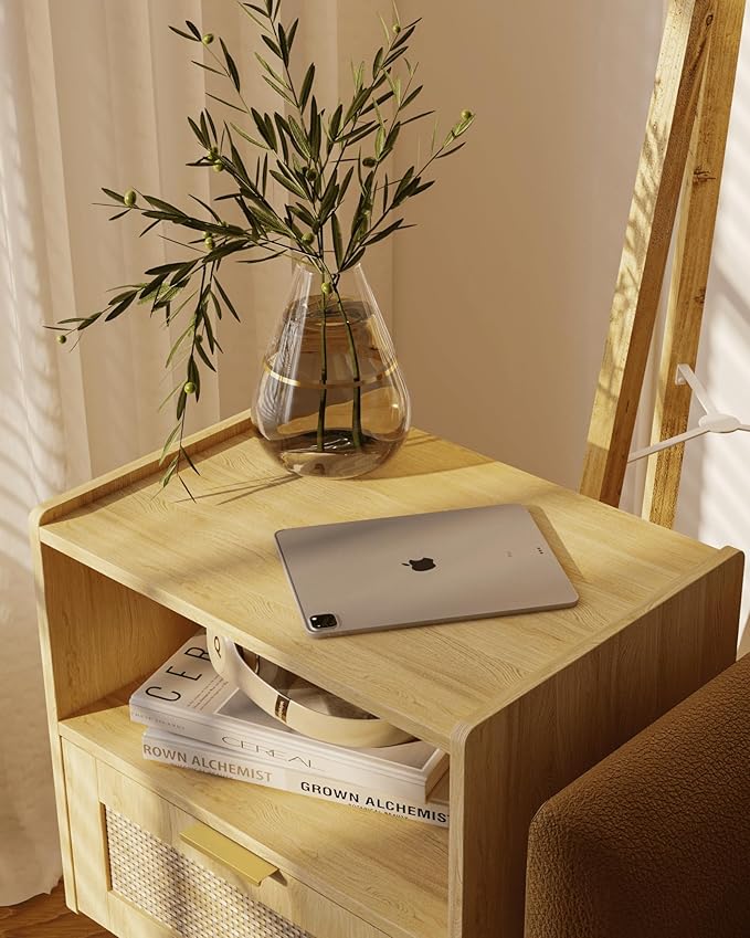 Rattan Nightstand,Modern Bedside Table with Storage Drawer and Open Wood Shelf, for Living Room, Bedroom and Small Spaces, Accent Night Stand with Solid Wood Legs, Easy Assembly,(Oak)-Ruum Studio Home
