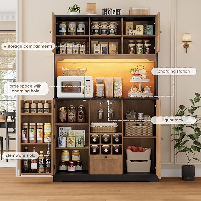 FINETONES 71" Pantry Cabinet with LED Light and Charging Station, Kitchen Pantry Cabinet with Microwave Stand, Kitchen Hutch Food Storage Cabinet with Outlet and Wine Racks, Black/Brown-Ruum Studio Home