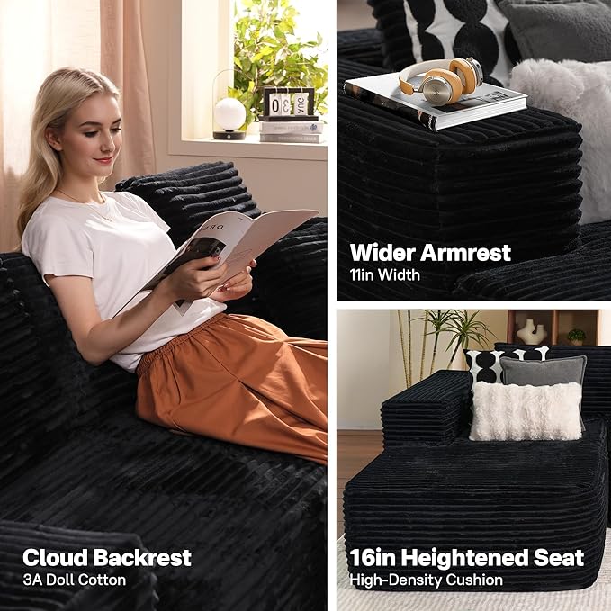 104" Cloudy Sectional L Shaped Couch for Living Room, No Assembly Required, Modular Comfy Sofa with Deep Seat, Fluffy Couch with Sleeper Chaise for Apartment Lounge (Black)-Ruum Studio Home