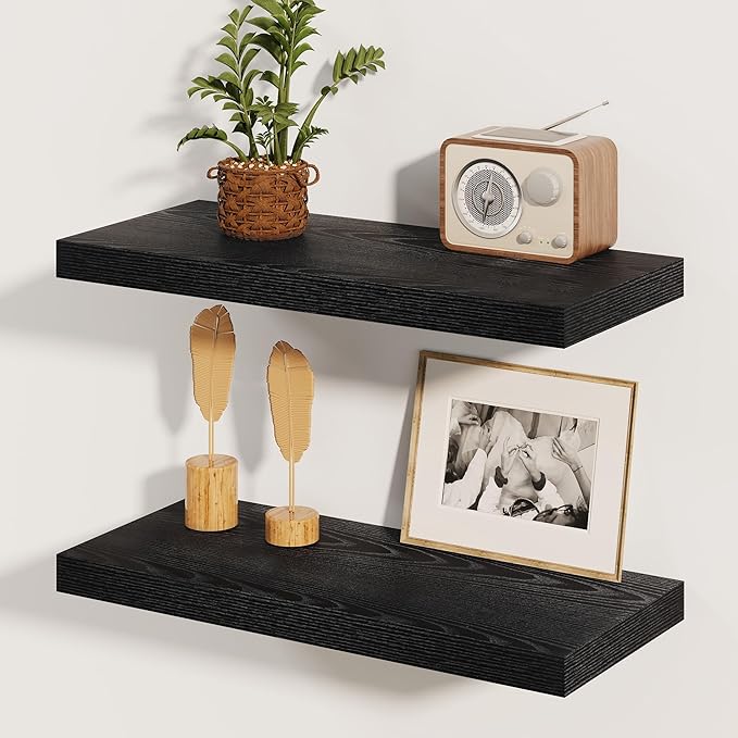 Fun Memories Rustic Black Floating Shelves 24 Inch Long, 8 Inch Deep Floating Shelf, 24 x 8 Wall Shelves Set of 2, Deep Black Bathroom Shelves, 24 Long Floating Bookshelf Wall Mounted-Ruum Studio Home