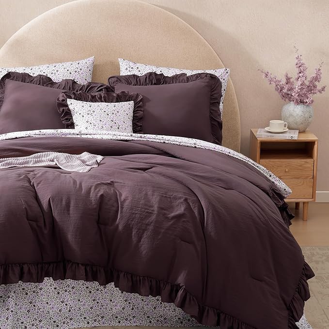 Full Comforter Set - 7 Pieces Ruffle Purple Bedding Sets, Shabby Chic Farmhouse Bed in a Bag Full with Ruffle Comforter, Floral Sheets, Pillowcases & Shams-Ruum Studio Home