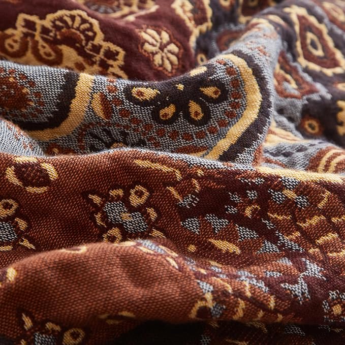 Boho Throw Blanket for Couch Sofa Bed, 100% Cotton Woven Quilt with Tassel 60”x80”, Super Soft Muslin Blanket with Patchwork Printed, Decorative Reversible Bed Blanket/Cover for All Seasons-Ruum Studio Home
