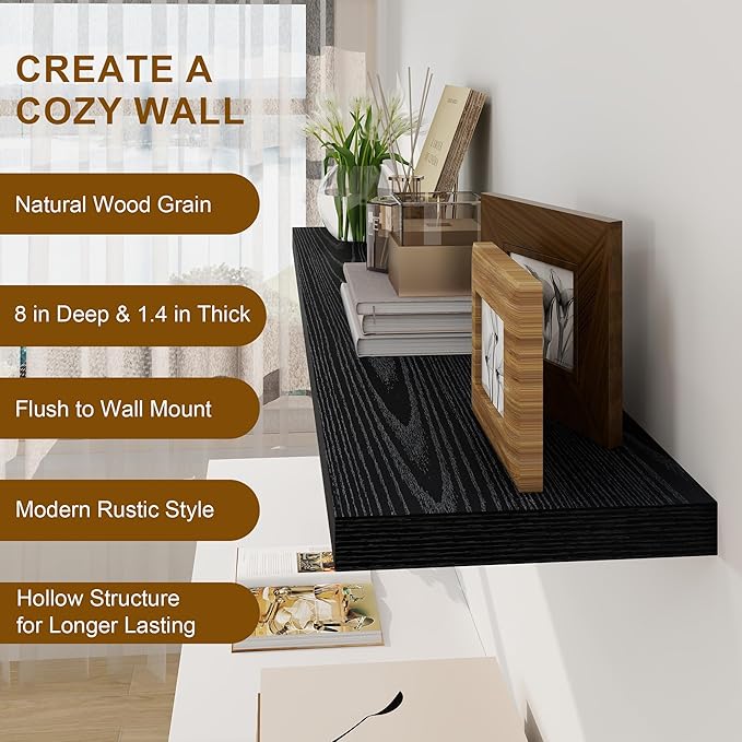 Black Floating Shelves 48 Inch Long, 8 Deep Floating Shelves for Wall, Rustic 48" Long Fireplace Mantel, Large 48 x 8 Wall Shelves for Bedroom, Living Room, Bathroom, Black Deep Shelves Set of 1-Ruum Studio Home