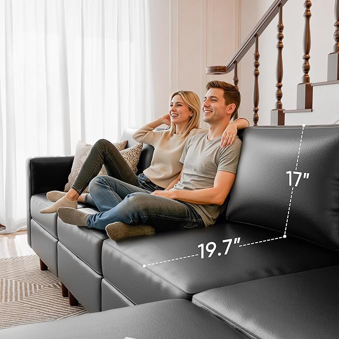 Faux Leather Single Sofa with Storage Ottoman, Modern Accent Chair Deep Seat Large Reading Armchair, Chaise Lounge Chair for Living Room Bedroom Office Black-Ruum Studio Home