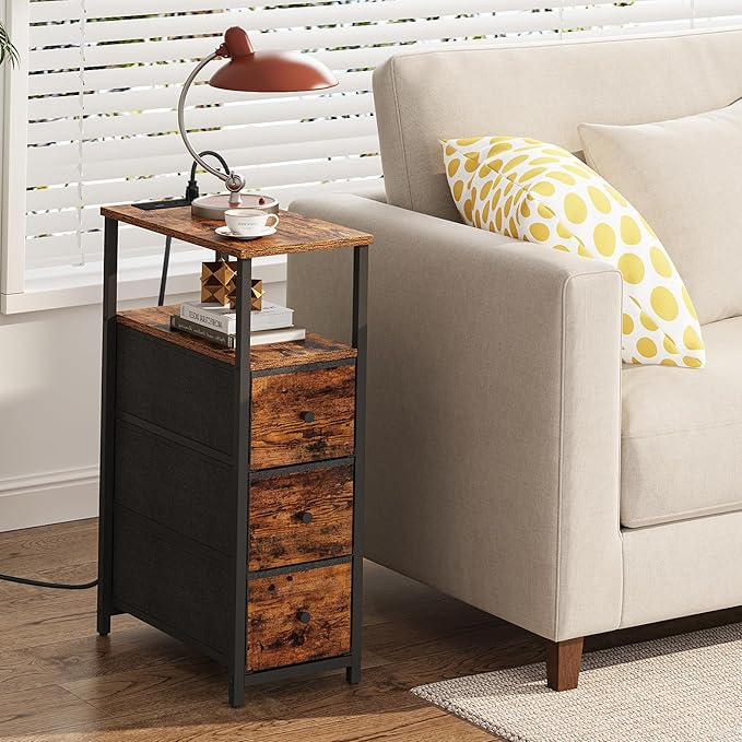 TUTOTAK Narrow Night Stand with Charging Station, Slim End Table with Plugins, Tall Side Table with 3 Fabric Drawer, Small Bedside Table with Storage, Living Room, Bedroom, Brown TB01BB086-Ruum Studio Home