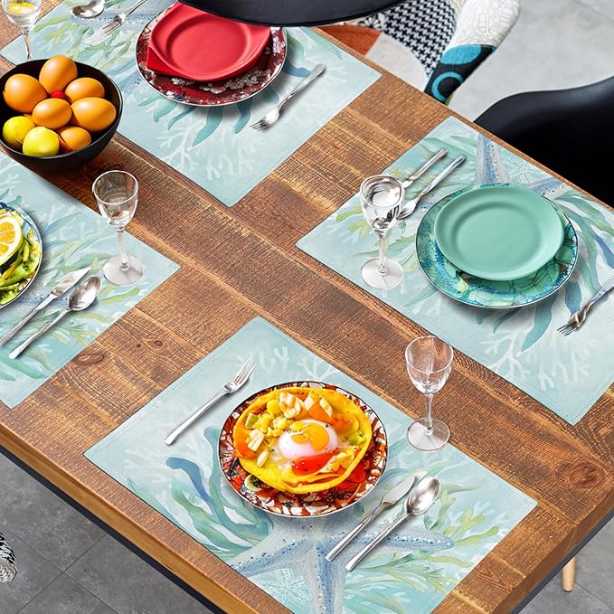Nautical Coastal Placemats Set of 4 Ocean Coral Starfish Seagrass Beach Theme Table Mat 12x18 Inch Teal Turquoise Blue Summer Linen Fabric Place Mats for Party Kitchen Dining Outdoor Indoor Decor-Ruum Studio Home