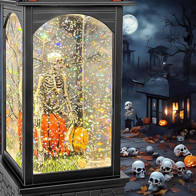 Halloween Snow Globe Lantern, Spooky Ghost Halloween Decor, Plug-in & Battery Operated Snow Globes for Halloween Decorations Indoor-Ruum Studio Home
