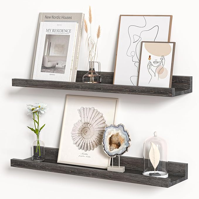 Floating Shelves for Wall, Picture Ledge Shelf 24 Inch Solid Wood Set of 2, Rustic Wall Shelves with Lip, Kids Bookshelf, Photo & Picture Live Edge Floating Shelves for Bedroom, Living Room, Kitchen-Ruum Studio Home