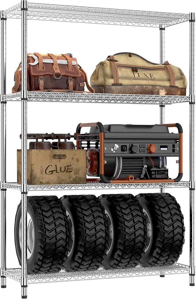 IZEUK 3400 LBS Garage Shelving Wide Storage Shelves 4 Tier Metal Shelves Heavy Duty Adjustable Utility Shelf Rack Chrome 17.7" D x 47.2" W x 70.4" H-Ruum Studio Home