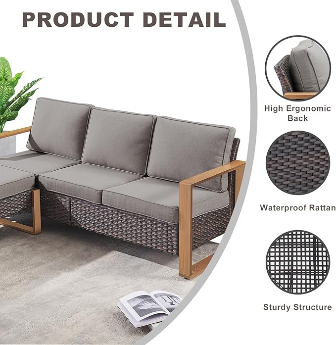 Outdoor Couch Wicker Patio Sofa, Rattan Patio Furniture Sofa with Sturdy Frame,All-Weather PE Wicker,Wide Armrest,Deep Seating and Thick Cushions for Deck Porch Garden(Brown/Grey)-Ruum Studio Home
