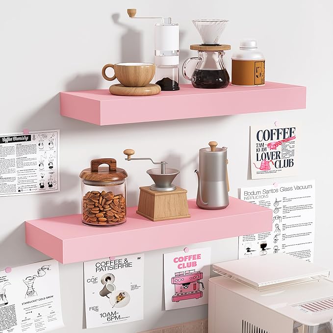 BAMEOS Pink Floating Shelves for Wall, 16" x 6" Wall Shelves for Room, Floating Book Shelves, Hanging Shelves for Bedroom, Bedroom, Living Room, Kitchen (Set of 2)-Ruum Studio Home