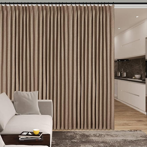 100" W x 96" L Faux Linen Room Divider Curtains, Full Blackout Pinch Pleated Drapes for Traverse Rod, Bedroom Divider Privacy Drapery with Hooks for Ceiling Track, 1 Panel, Taupe-Ruum Studio Home