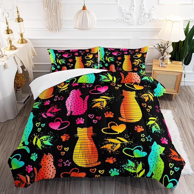 Kawaii Cat Animal Comforter 3Pcs Full Lovely Pet Cat Bedding Set for Kid Teen Girl Boy Adult Room Decor Cartoon Kitten Paw Heart Bamboo Leaf Pattern Quilt with 1 Comforter and 2 Pillowcases-Ruum Studio Home
