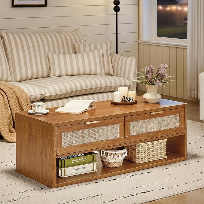 LEYAOYAO Boho Rattan Coffee Table and End Table Sets, 48" Wide Center Tables & 23" Night Stand with Charging Station Chest of Drawers, Brown Wood Coffee Table for Living Room 3 Piece Set-Ruum Studio Home