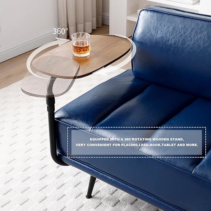 Sofa,Bed Bench,Small Spaces Furniture,Polyurethane Leather,Wood Frame,High Density Sponge Infillings,360-Degree Swivel Tray,Black Metal Leg (Blue)-Ruum Studio Home