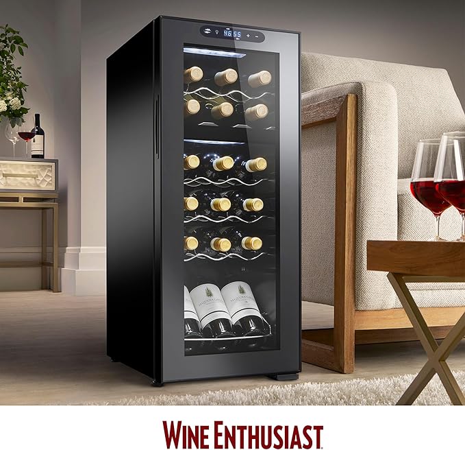 Wine Enthusiast 18-Bottle Dual Zone MAX Compressor Wine Cooler – Freestanding Beverage Refrigerator, Mini Fridge with Digital Touchscreen, Split Storage, Energy-Efficient Cooling, and LED Display-Ruum Studio Home