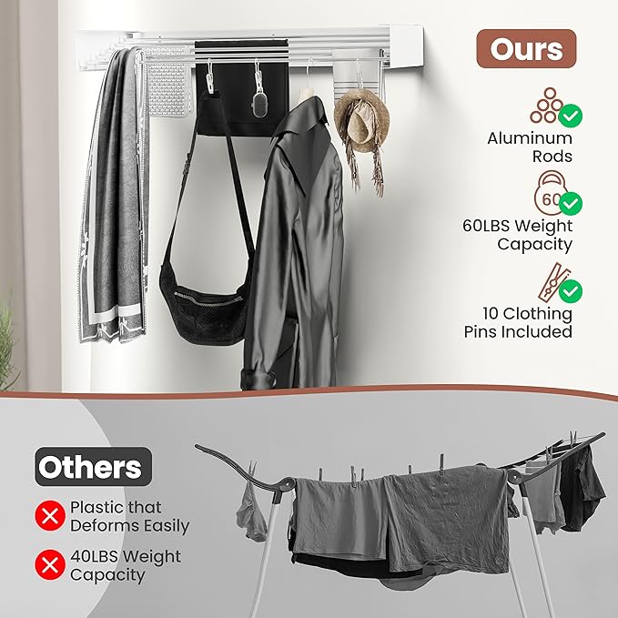 Foldable Wall-Mounted Drying Rack, Heavy-Duty 60 lb Capacity – Space-Saving Folding Laundry Hanger with 10 Clips, Rust-Proof Aluminium Clothes Dryer for Indoor & Outdoor Use-Ruum Studio Home